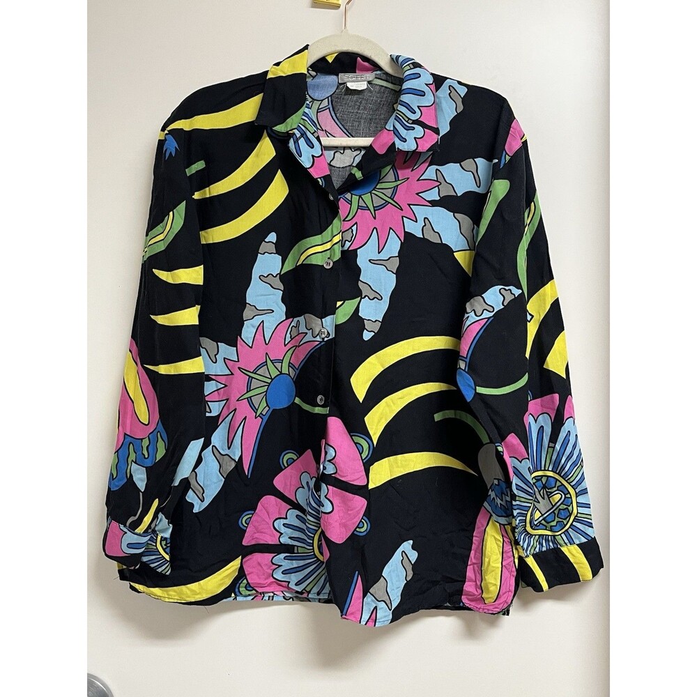 Rare Vintage 80s Esprit Geometric Floral Pattern Women's Long Sleeve Shirt Sz M